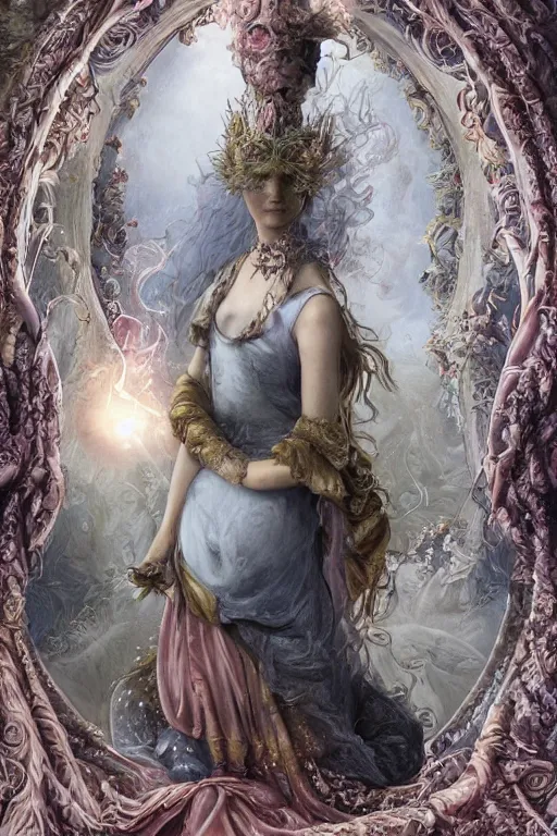 Image similar to elaborately hyperdetailed Surrealist pre-raphaelite illustration of an extremely beautiful regal woman with an imponent crown, eerie mist and ethereal pink bubbles, Aetherpunk, atmospheric lighting, bright background, moonlight, high fantasy professionally painted digital art painting, smooth, sharp focus, highly detailed illustration highlights, backlight, golden ratio, 8K detail post-processing, symmetrical facial features, rich deep moody colors, award winning picture, Daily Deviation on DeviantArt, trending on cgsociety, featured on ArtstationHQ, very coherent symmetrical artwork, concept art