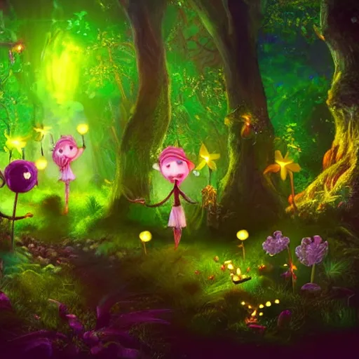 Prompt: beautiful glowing pixies in a fantasy forest