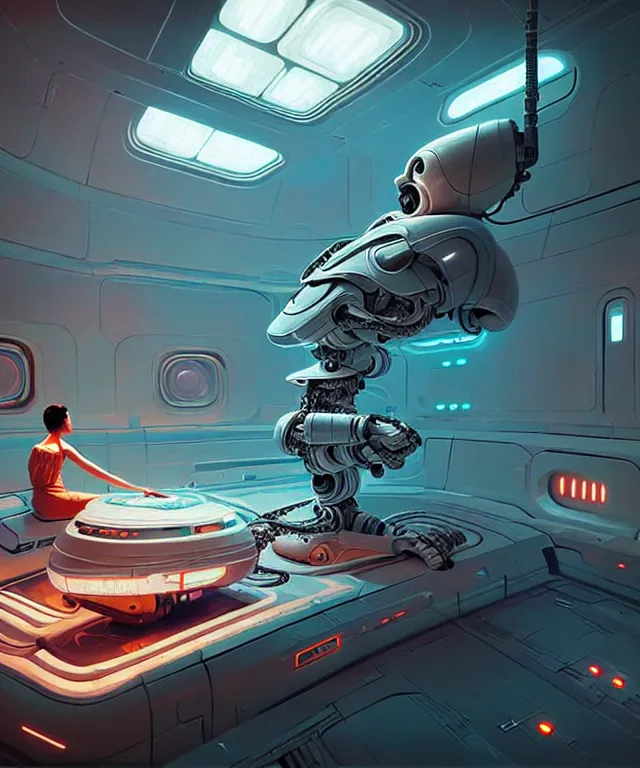 Prompt: realistic detailed image of futuristic cyborg-robot creating a painting in a huge retro-futuristic spaceship , intricate artwork by Tooth Wu and wlop and beeple, greg rutkowski