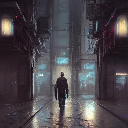 Image similar to doorway, empty sidewalk of a cyberpunk megacity, dramatic lighting, detailed background, gorgeous view, realistic, high detail, depth of field, lightrays, atmospheric, digital art, painted by greg rutkowski, painted by jeremy mann, trending on artstation