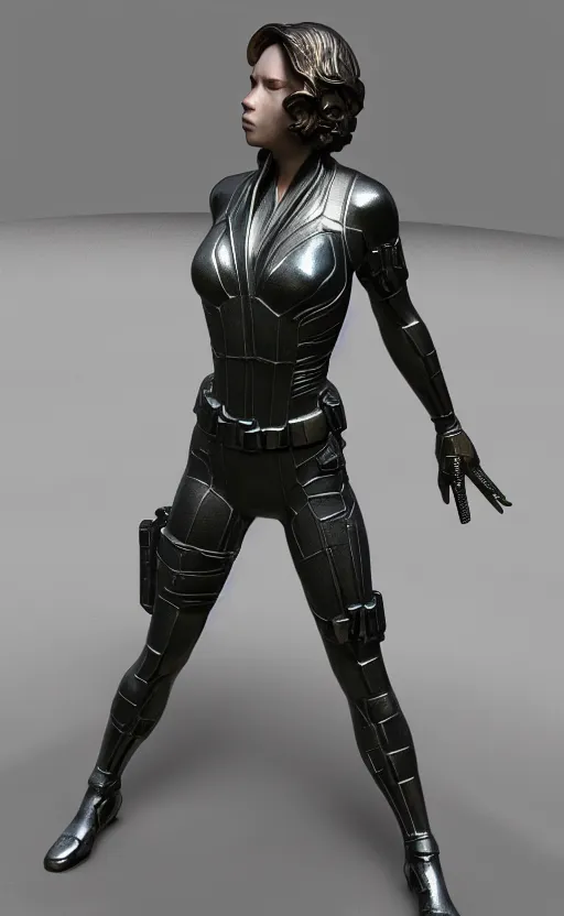 Image similar to black widow, bronze statue and silver, unreal engine, high detailed holographic