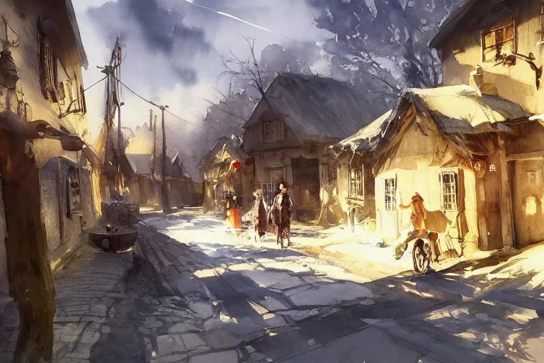 Prompt: watercolor painting of rustic village street, dust, scandinavian mythology, ambient lighting and shadows, art by hans dahl, by jesper ejsing, art by anders zorn, wonderful masterpiece by greg rutkowski, cinematic light, american romanticism by greg manchess, creation by tyler edlin