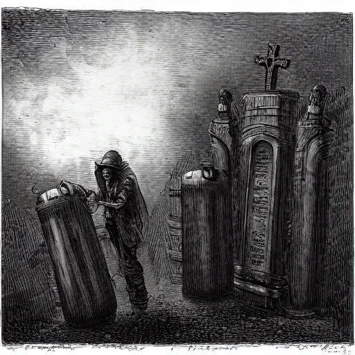 Image similar to nine steel barrels in a graveyard with 2 zombies, creepy atmosphere, dark, portrait, realistic, very realistic, illustration by gustave dore