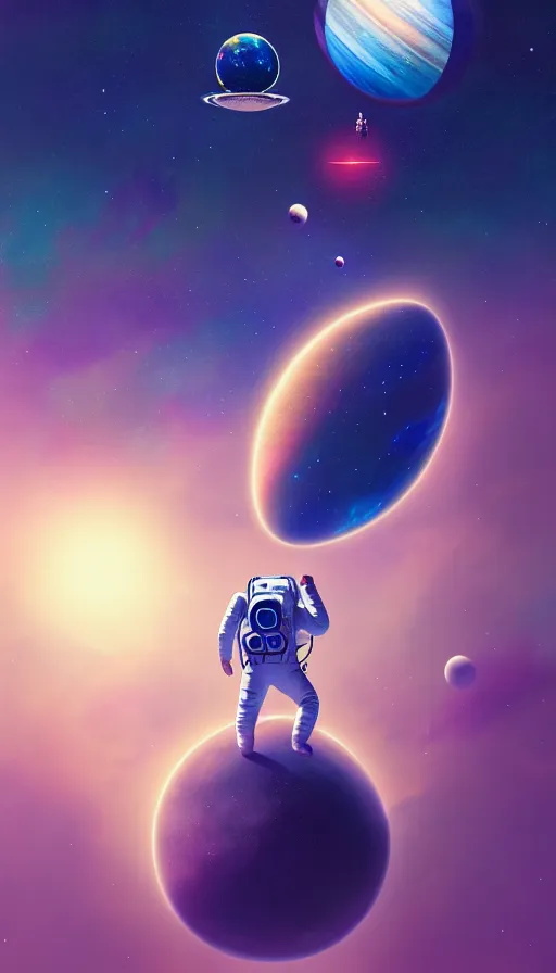 Prompt: a beautiful universe composition, astronaut floating, planets, sky, dream, highly detailed, digital painting, refreshing, trending on artstation, octane render, illustration by james jean