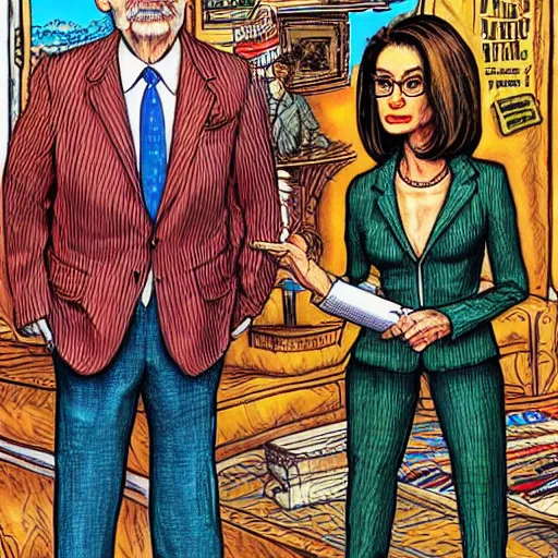 Image similar to The Artwork of R. Crumb and his Cheap Suit Mitch McConnell and Nancy Pelosi, pencil and colored marker artwork, trailer-trash lifestyle