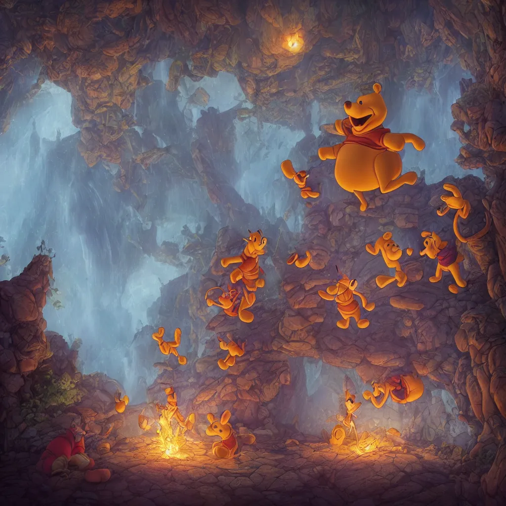 Prompt: epic finale scene of winnie the pooh being betrayed by goofy and donald duck, intricate, epic, elegant, menacing, fantasy, highly detailed, digital painting, hard focus, beautiful volumetric lighting, epic light, ultra detailed, by Leesha Hannigan, Ross Tran, Thierry Doizon, Kai Carpenter, Ignacio Fernández Ríos