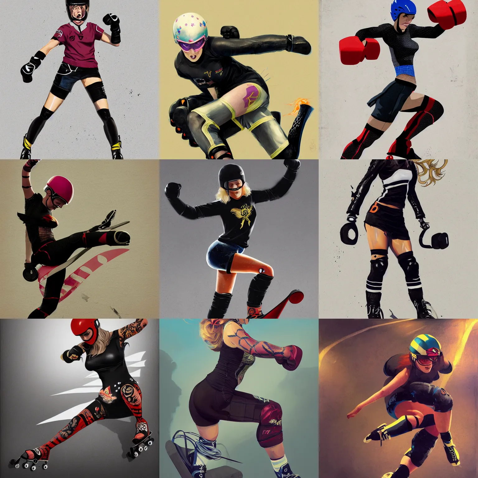 Image similar to logo design, roller derby girl sprinting Cross-Over, wearing skate helmet, knee pads, elbow pads,full length portrait, fishnet tights, torn, ripped, fists in the air, illustration by greg rutkowski