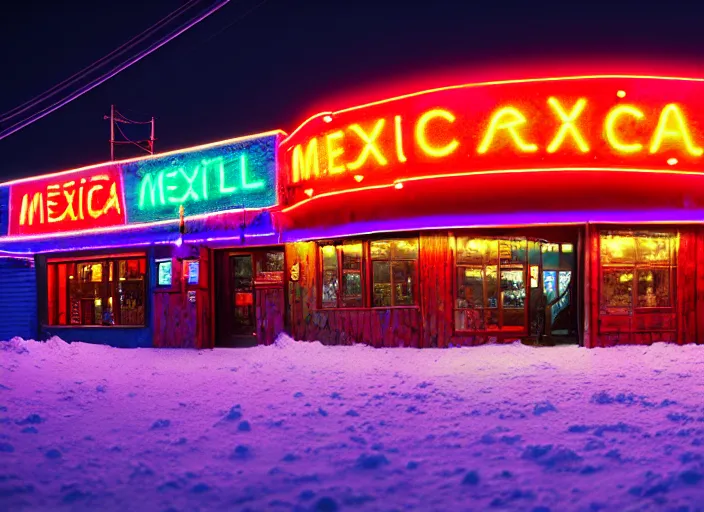 Prompt: exterior photo of a mexican restaurant, neon lights, in a flat snowy field. 35mm. Very detailed 8k. Sharp. Cinematic post-processing. Unreal engine. Nanite. Ray tracing. Parallax. Tessellation