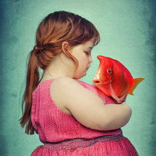 Image similar to the same style. the most beautiful little fat sweet girl is kissing a huge colorful cute fish. modern etching. colored print. hype realistic scene. old photography style. studio lighting. window. 3 d, octane render, deep focus, zbrush