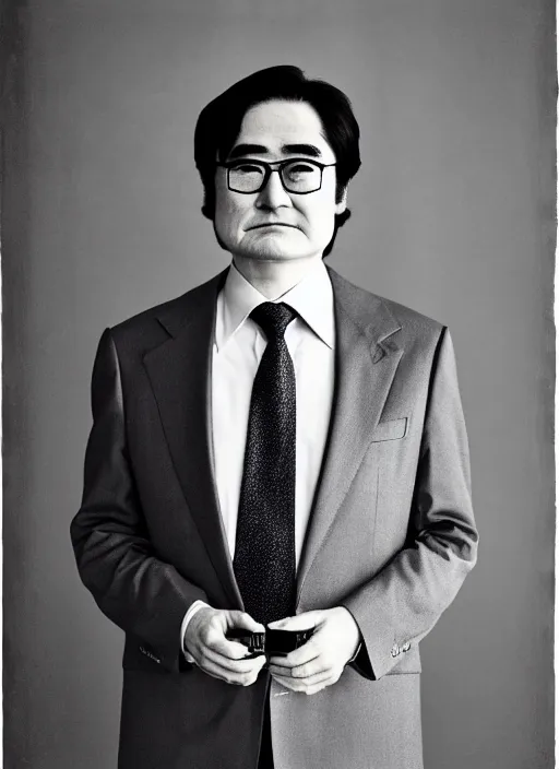 Image similar to nintendo ceo satoru iwata as an old man by jatenipat ketpradit and annie leibovitz and steve mccurry and richard avedon, award winning photo, portrait, black and white, emotional