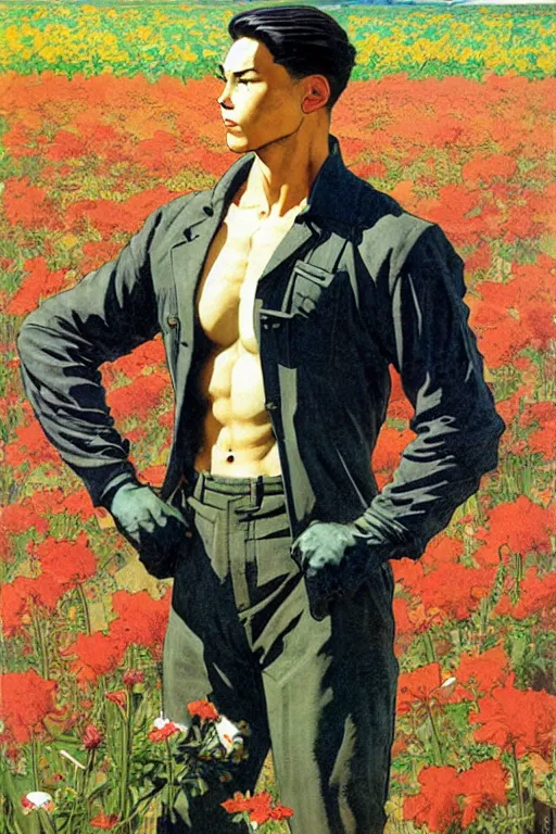 Prompt: attractive man in flower field, muscular, painting by j. c. leyendecker, yoji shinkawa, katayama bokuyo