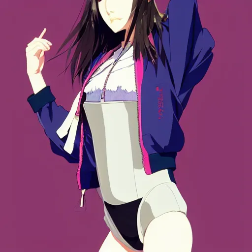 Image similar to a beautiful japanese natalie portman gravure model, wearing oversized native designer bomber jacket and leotard with overalls, bulky poofy bomber jacket with mesoamerican patterns, mesoamerican native street fashion, gapmoe yandere grimdark, trending on pixiv fanbox, painted by greg rutkowski makoto shinkai takashi takeuchi studio ghibli, akihiko yoshida