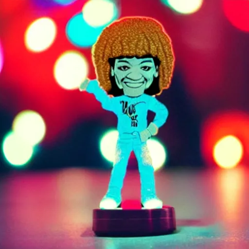 Prompt: close up of photo of Jimmy Hendrix bobble head on table top with fairy lights in the background, expired film, thin dof, soft lighting, realistic, swirly bokeh