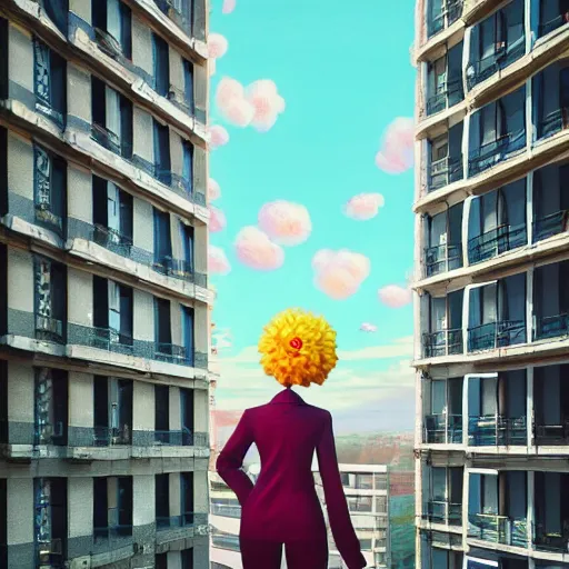 Image similar to huge flower as head, woman in suit standing by tall modern windows, luxury apartment, surreal photography, sunlight, impressionist painting, digital painting, artstation, simon stalenhag