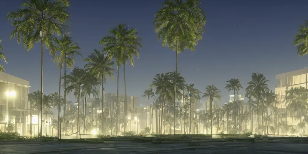 Image similar to a large building surrounded by palm trees at night, concept art by L. A. Ring, behance, modernism, playstation 5 screenshot, concept art, vray