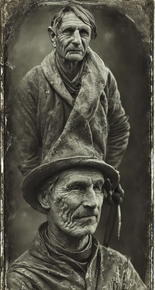 Prompt: a highly detailed wet plate photograph, a portrait of a stonemason