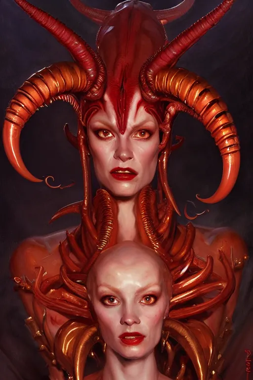 Prompt: painted close - up portrait of a very attractive red - skinned intimidating demon alien - xenomorph queen with ram horns! oil painting, wearing a noblewoman's outfit, fantasy art by john singer sargent and gaston bussiere and james jean and greg rutkowski, demon noble character design, hd