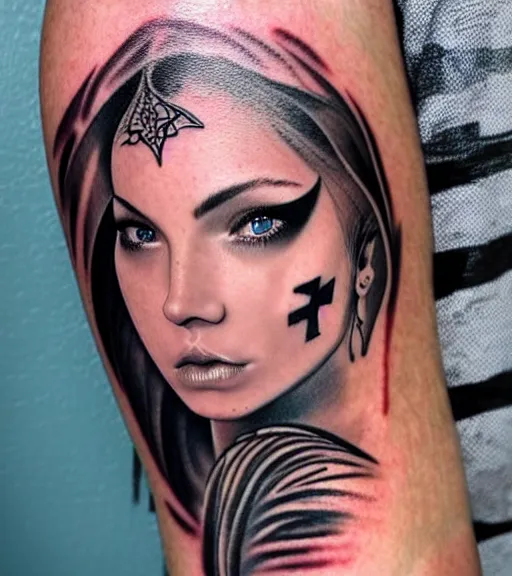 Image similar to tattoo design of a beautiful girl warrior under a tiger head, hyper realistic, realism tattoo, by eliot kohek, beautiful eyes, realistic face, black and white, white background