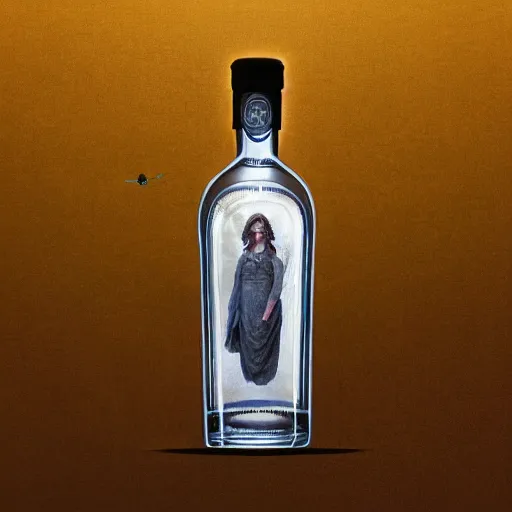 Image similar to A bottle of gin filled with tiny creatures, fullbody, artstation, fantasy, concept art, dark, moonlight, incredible, smooth, sharp focus, illustration, art by greg rutkowski and orientalism and bouguereau and Zdzislaw Beksinski, good clear quality, lighting, biology, symmetrical artwork, perfect face, 135 mm, cinematic, hyper realism, high detail, octane render, 8k, chrome accents