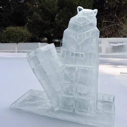 Prompt: an ice sculpture of a raccoon striking a heroic pose.