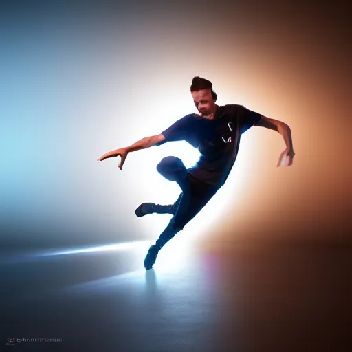 Image similar to break dancer in a shape of light , long exposure shot, cinematic view from lower angle, octane render, soft and detailed