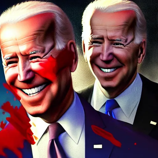 Image similar to joe biden smiling with blood in his face while behind him the world is burning, dramatic lighting, cinematic, establishing shot, extremly high detail, photorealistic, cinematic lighting, artstation, style by James Gurney