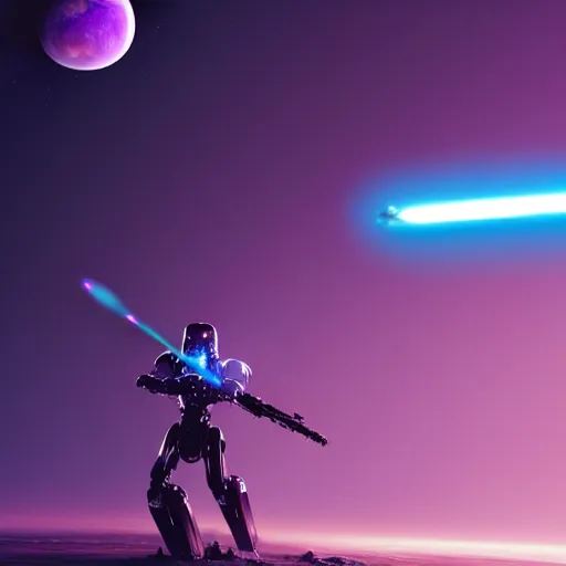 Image similar to humanoid robot wielding lightsaber in front of a violet planet, unreal engine, featured on cgsociety, trending on artstation, detailed, scifi futuristic character concept, greg rutkowski, movie poster, octane render, hyperrealistic, cinematic