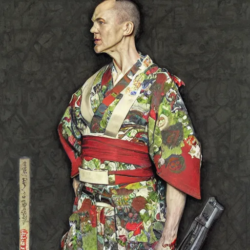 Image similar to the doomslayer wearing a kimono, art by norman rockwell and donato giancola and greg rutkowski,