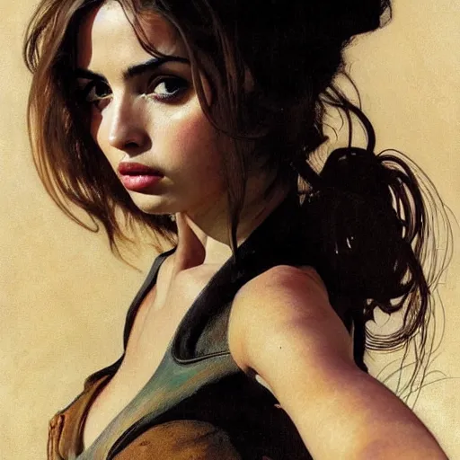 Image similar to half length portrait of ana de armas as a beautiful female human thief, royo, klimt, miro, vallejo, frazetta, alphonse mucha, greg rutkowski, whealan