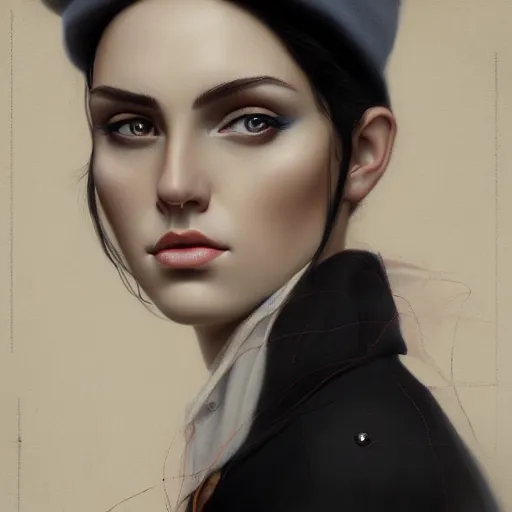 Image similar to tom bagshaw portrait, beautiful portrait of a woman with angel eyes in a suit, hair under a baseball cap, professionally retouched, focus eyes, ultra realistic soft painting, insanely detailed linework, symmetrical accurate intricate features, behance, 8 k