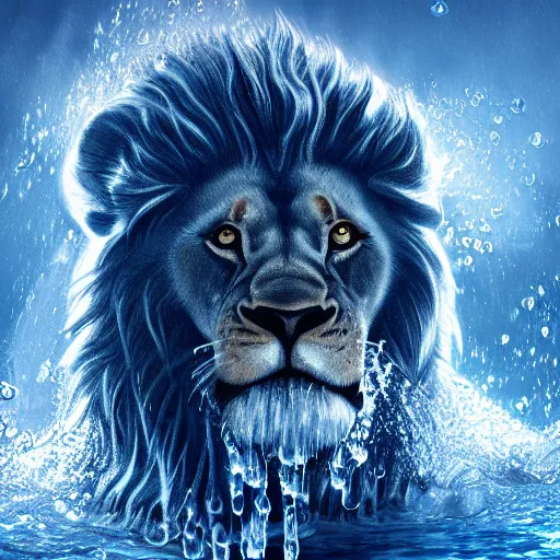 Image similar to a male lion's face breaching through a wall of water, headshot, water sprites, splashing, deep blue ocean, highly detailed, realistic digital art, trending on artstation