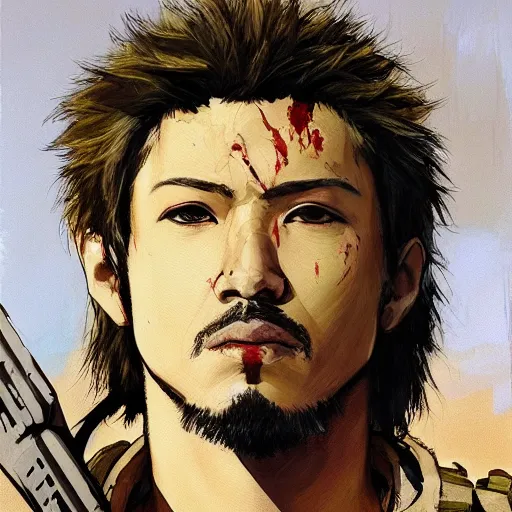 Image similar to portrait of a hero holding his sword in front of his face by yoji shinkawa, high quality, extra details, realism, ornate, colored, golden chain, blood, white skin, short hair, brown eyes, vivid, sunlight, dynamic, american man, freedom, white american soldier, painting, futurist, military, forest scenery