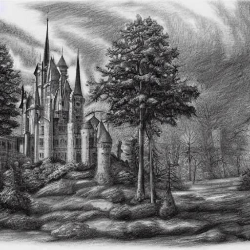 Illustration of a castle on a mountain, view from above, view from far  away, sketchbook, sketch, there is a dirt path leading towards the castle  walls, realistic concept art, pencil drawing on