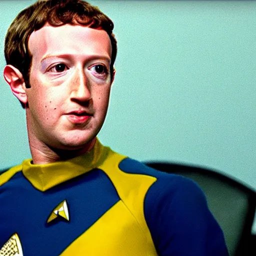 Image similar to a still of mark zuckerberg as data the android in star trek : the next generation ( 1 9 8 7 ), wearing a yellow star trek uniform