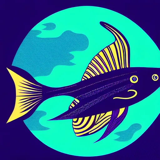 Image similar to profile of one stylized fish in center of view, dark ocean, complex patterns, artstation, intricate, realistic, highly detailed, digital painting, concept art, sharp focus, illustration by tom whalen and charles williams and kilian eng and james jean