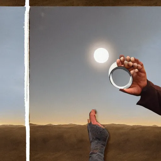 Image similar to a man holding the sun in one hand and the moon in the other, photorealism.