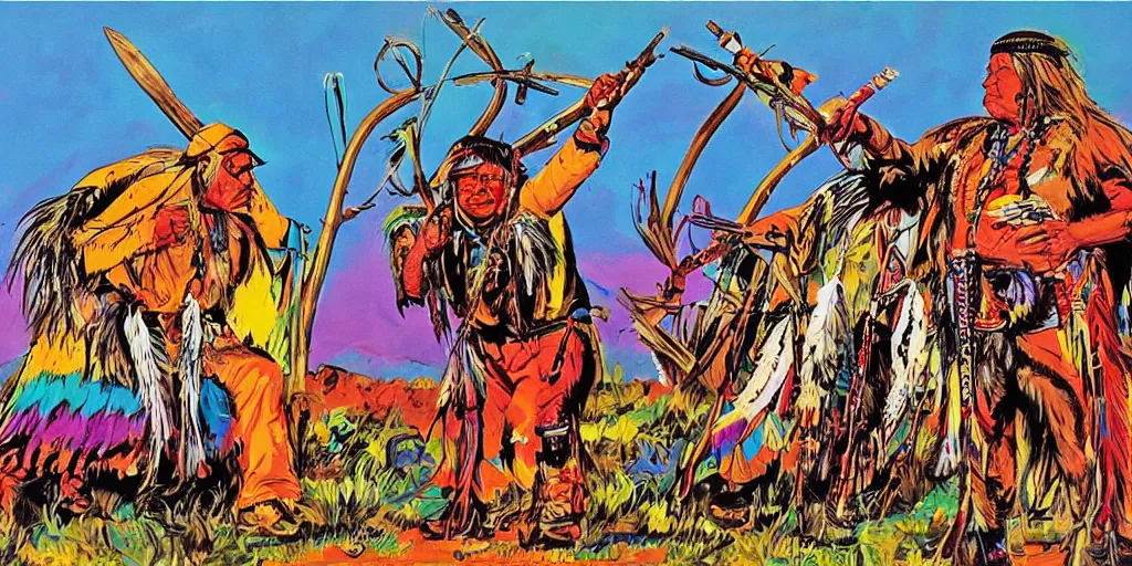 Prompt: of Native American hunting a buffalo Jim Mahfood and Peter max