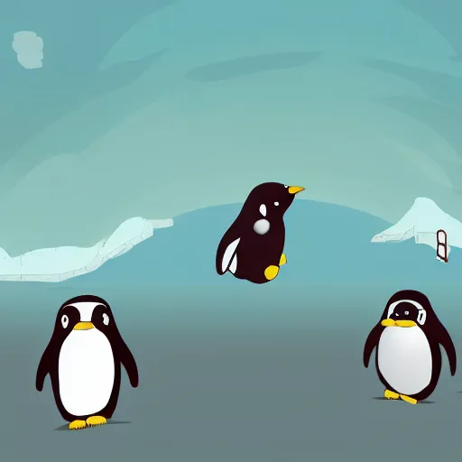 Prompt: illustration of a baby penguin being chased by a giant walrus, digital art, wide shot