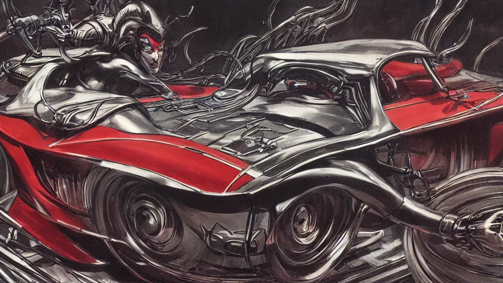 Image similar to 1960\'s race cars, art by Giger, style of red line anime movie, centered