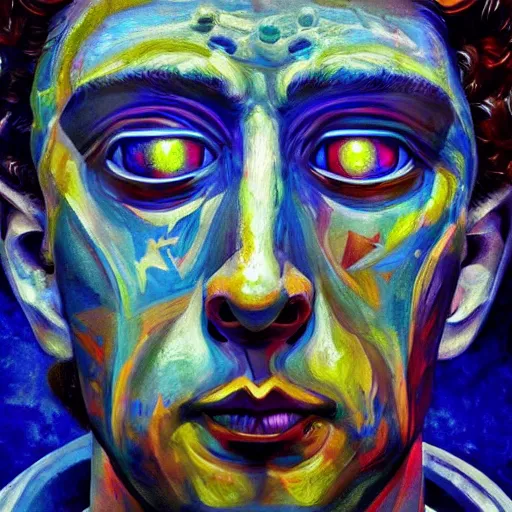 Prompt: intricate five star moon lord portrait by pablo picasso, oil on canvas, hdr, high detail, photo realistic, hyperrealism, matte finish, high contrast, 3 d depth, centered, masterpiece, award - winning, vivid and vibrant colors, enhance light effect, enhanced eye detail, artstationhd