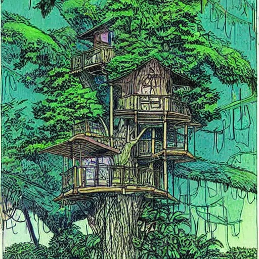 Prompt: a treehouse in a lush jungle during a thunderstorm in the night, drawing by moebius