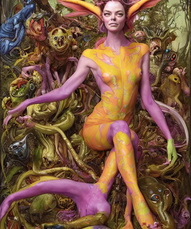 Prompt: a portrait photograph of a colorful alien harpy elf super villian with amphibian skin and animal paws. she looks like emma stone and is being wrapped in a colorful slimy organic membrane catsuit. by donato giancola, hans holbein, walton ford, gaston bussiere, peter mohrbacher and brian froud. 8 k, cgsociety, fashion editorial