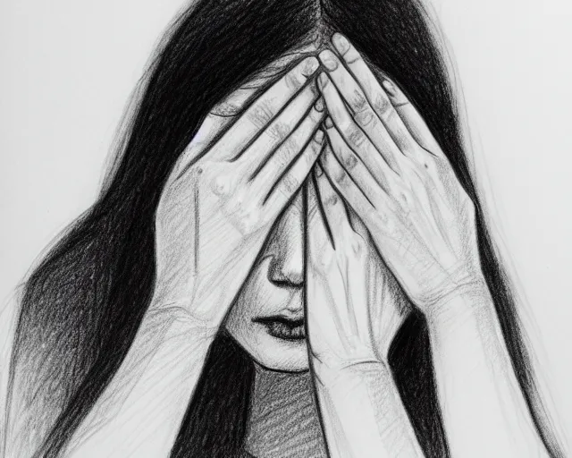 Image similar to draft drawing of a woman covering her face with her hands, a sketch by choro choi, thin stroke, trending on artstation, context art, pencil sketch, high detail, kinetic