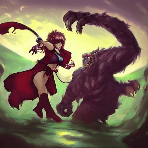 Image similar to woman fighting a monster, art by Serpieri