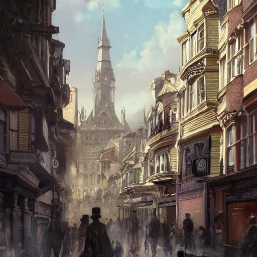 Image similar to street of victorian city, happy, a lot of people, realistic, 8 k, detailed, concept art, trending on artstation