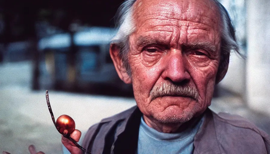 Image similar to 7 0 s movie still of a old man with spiral in the eyes, cinestill 8 0 0 t 3 5 mm eastmancolor, heavy grain, high quality, high detail