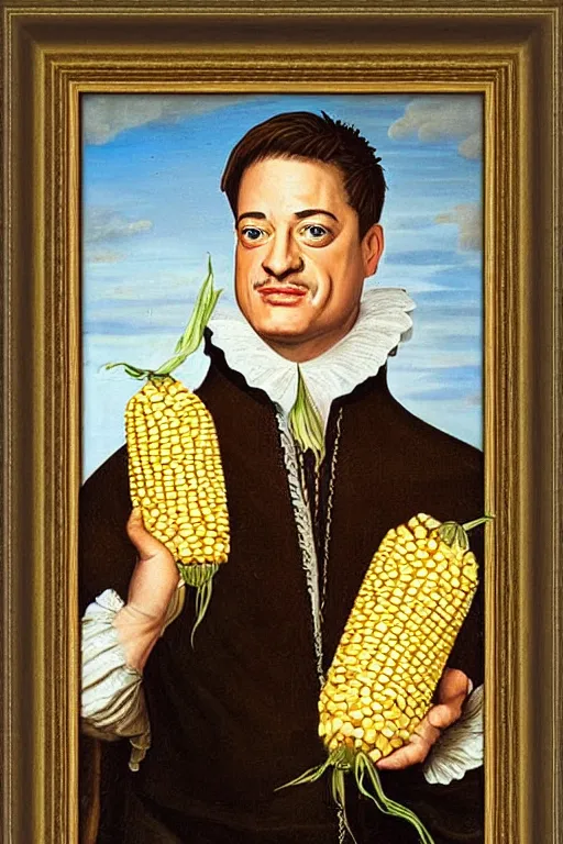 Image similar to a 1 6 0 0 s framed portrait painting of brendan fraser holding corn, intricate, elegant, highly detailed