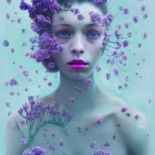 Image similar to a girl with three eyes : : on 5 translucent luminous spheres, full of floral and berry fillings, in an ocean of lavender color by rene margitte