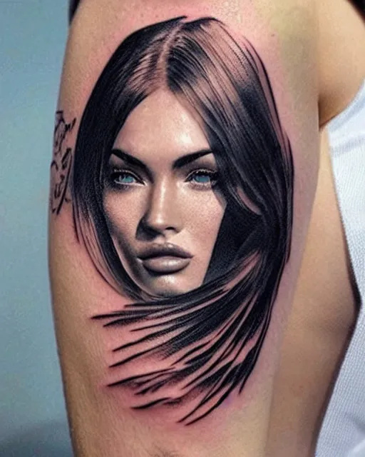 Prompt: double exposure effect tattoo design sketch that combines megan fox with beautiful mountain scenery, realism tattoo, in the style of den yakovlev, amazing detail, sharp