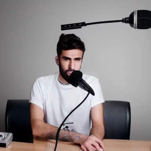 Prompt: handsome Portuguese male twitch streamer looking confused at his expensive microphone which isn't working, high quality photo, 4k